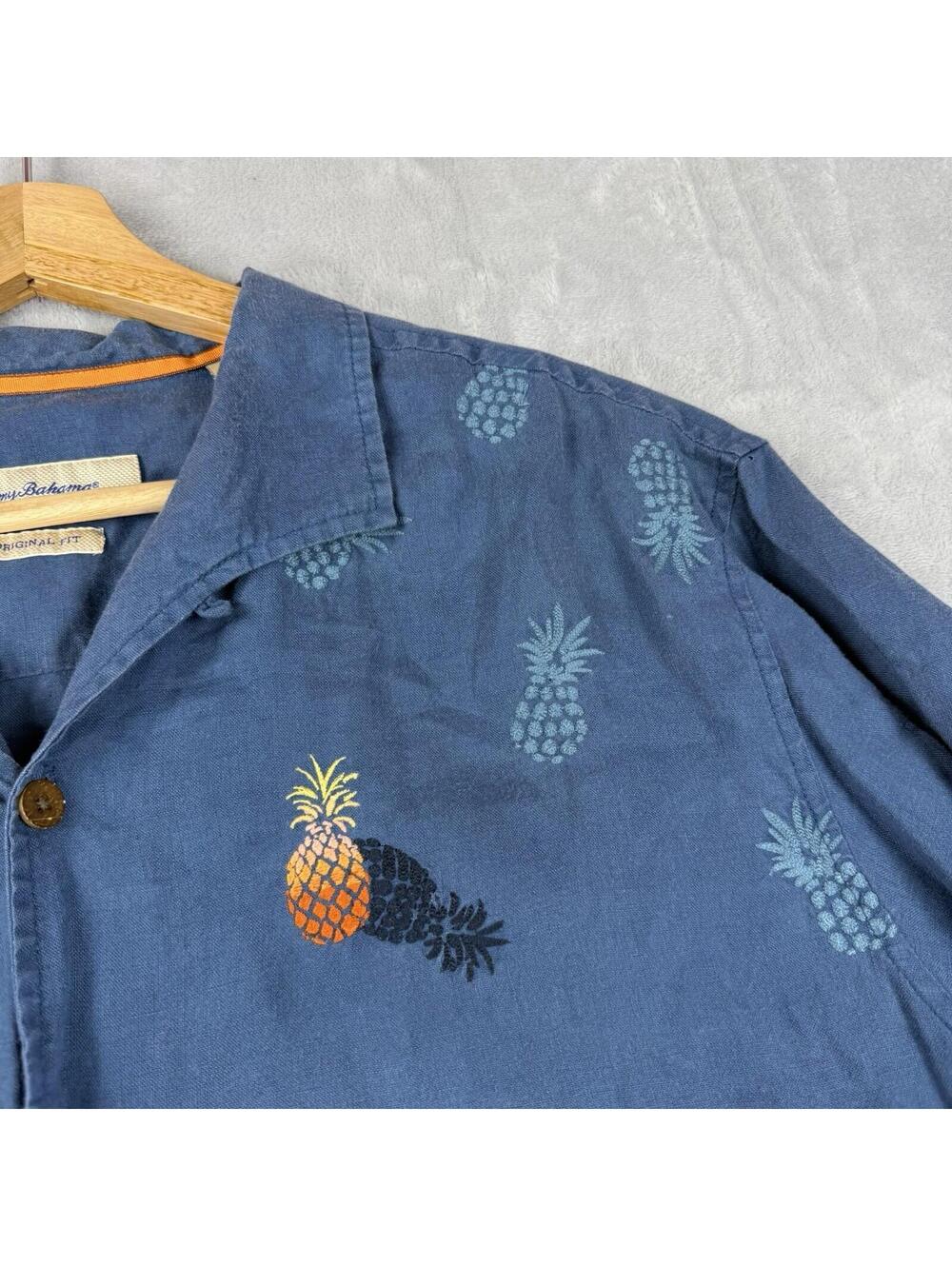 Tommy Bahama Linen Shirt Pineapple Print Blue Original Fit Men Size Large Beach - Picture 9 of 9